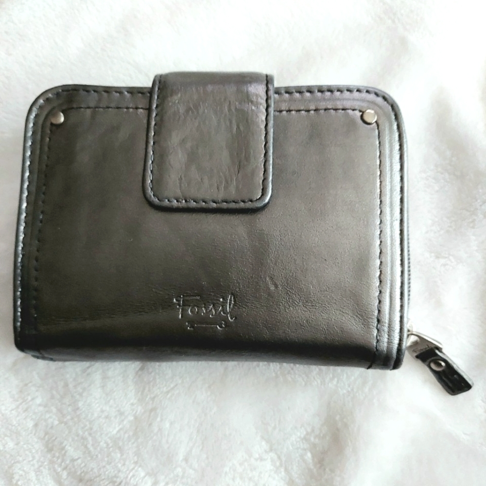 🗝Fossil Macy Tab Multifunction Pewter Leather Wallet